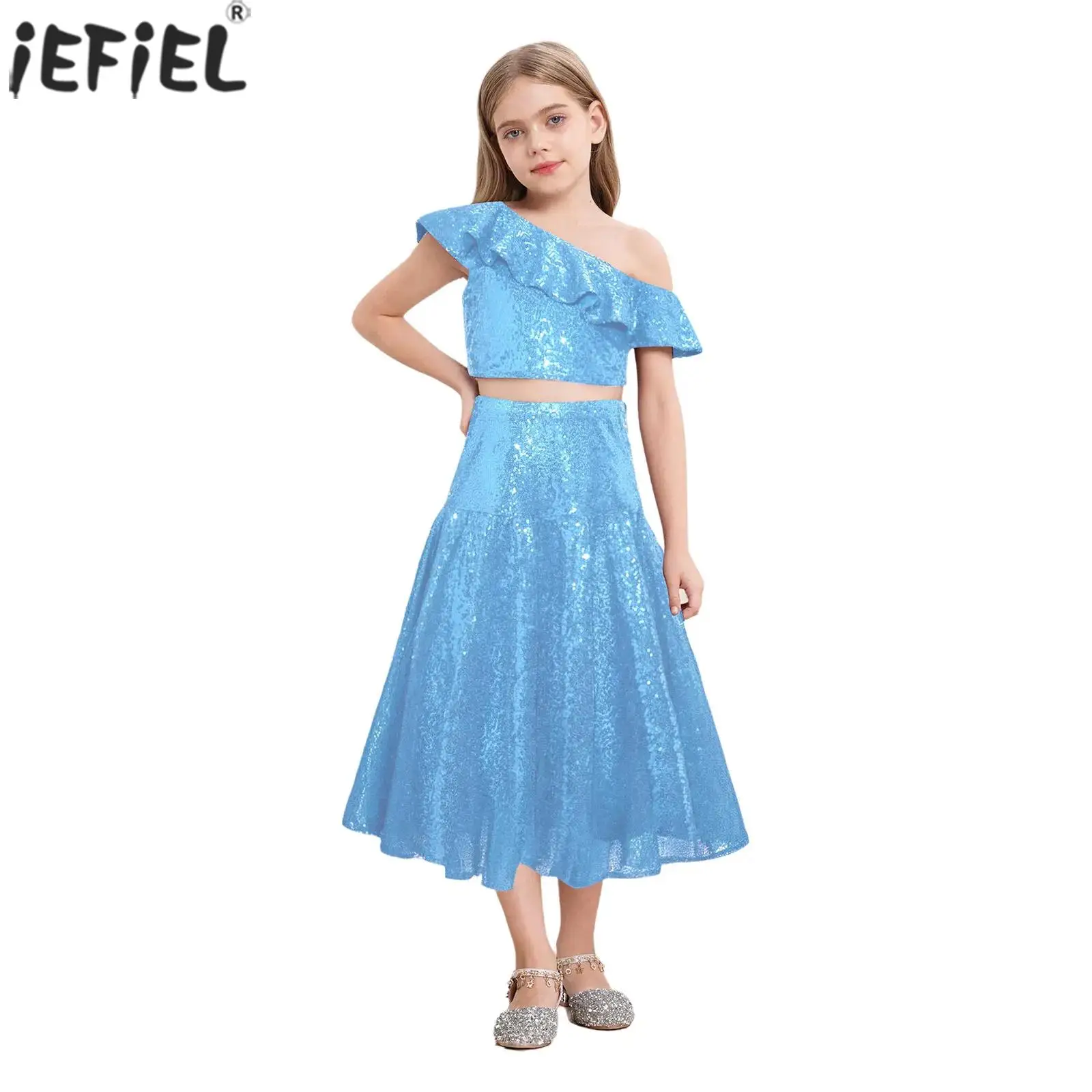 

Kids Girls Elegant Shiny Sequins Party Outfits Oblique Shoulder Tank Tops with Skirt for Wedding Cocktail Banquet Pageant Prom