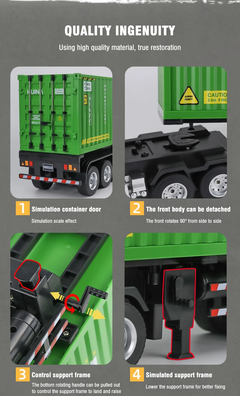 Huina 1317 1/18 9CH RC Container Truck Alloy Remote Control Transporter Trucks with Light Engineering Vehicle Toys for Boys Xmas