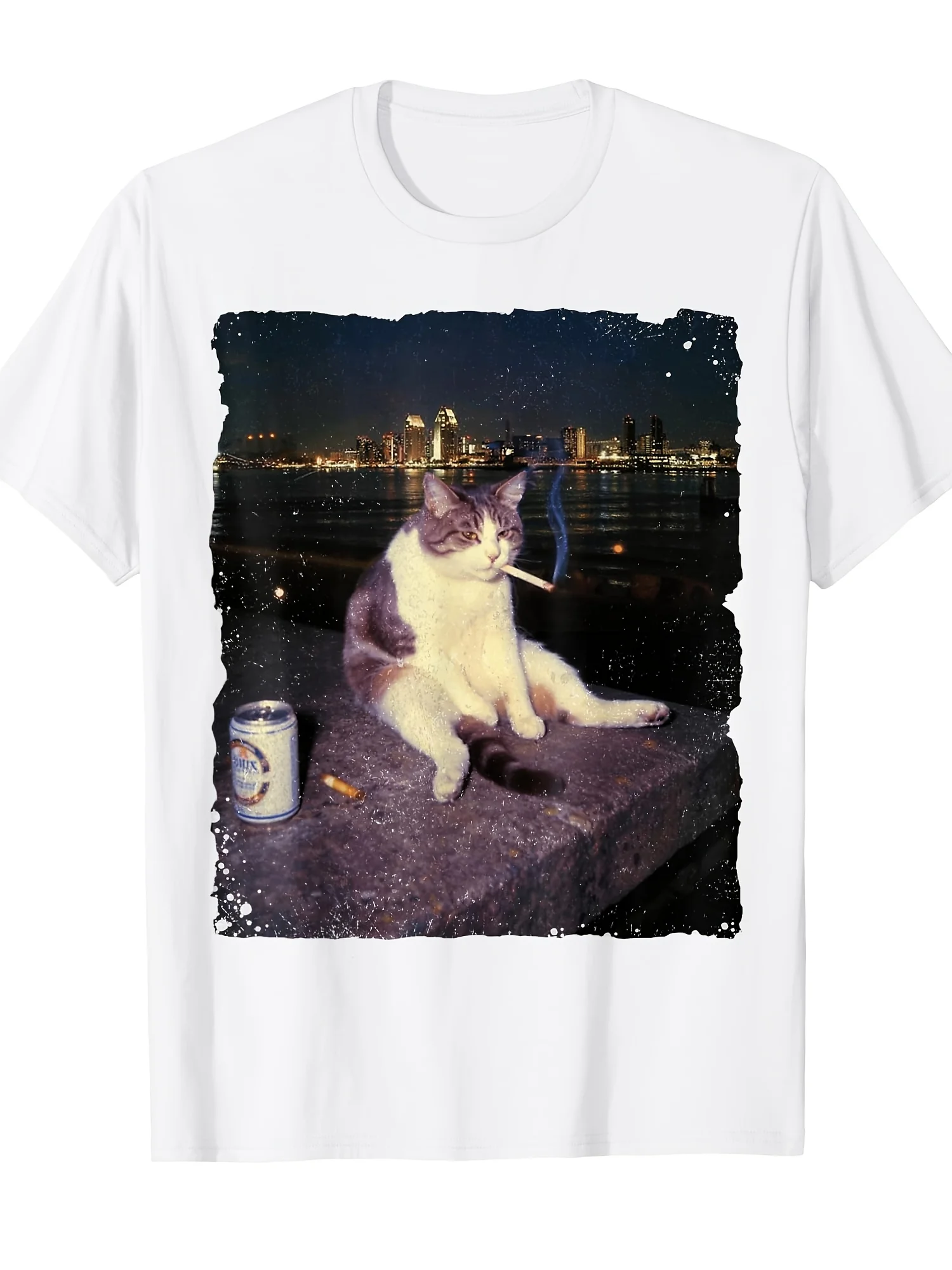 Men's New Funny Smoking Cat Pattern T-Shirt Pure Cotton and Breathable Streetwear Oversized Loose Casual Crew Neck Short Sleeve