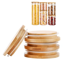 Reusable Storage Bottles Silicone Seal Ring Covers Caps with Straw Hole Eco Friendly Bamboo Wood Lids for Mason Jar Lid Cups