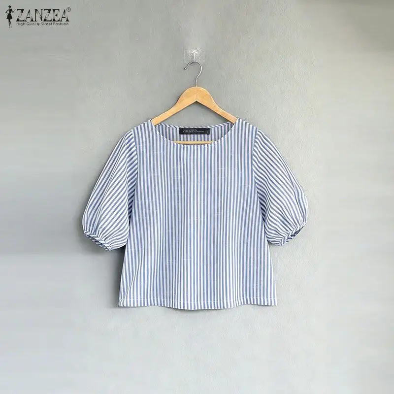 

Women's Casual Striped Blouses O-Neck Short Lantern Sleeves Cotton Blended Blouse 2026 Spring Summer Daily Tops Woman Clothes