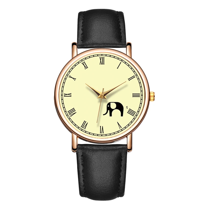 

Fashion Women's Quartz Watch Elephant Simple Casual Leather Waterproof Wristwatches Femaleclassic Round Dial Quartz Watch