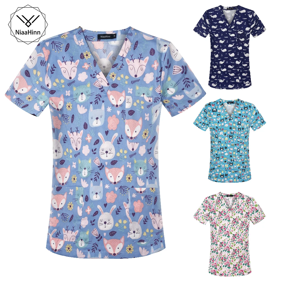 Frauen Nette Karikatur Drucken Pflege Scrubs Tops T Shirt Casual Kurzarm Frauen Scrubs Uniformen Krankenschwester V-ausschnitt Tasche Frauen Kleidung