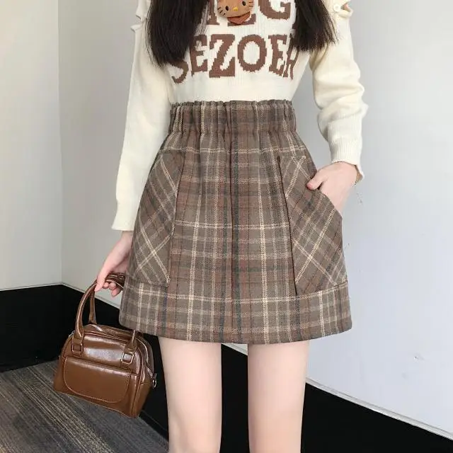 Wedbleser Elastic Waist Retro Plaid Skirt Women 2025 New Autumn Winter High Waist Slimming A-line Anti Glare Short Skirts