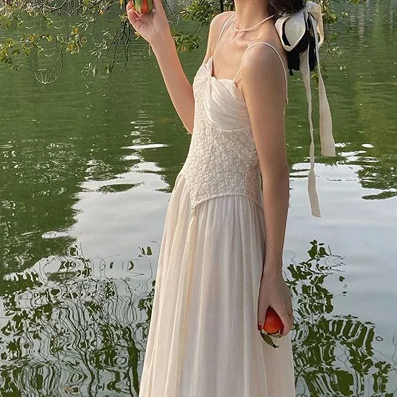 Verão novo francês chique rendas mulheres camis vestido vintage emendado alças plissadas midi vestidos harajuku elegante festa