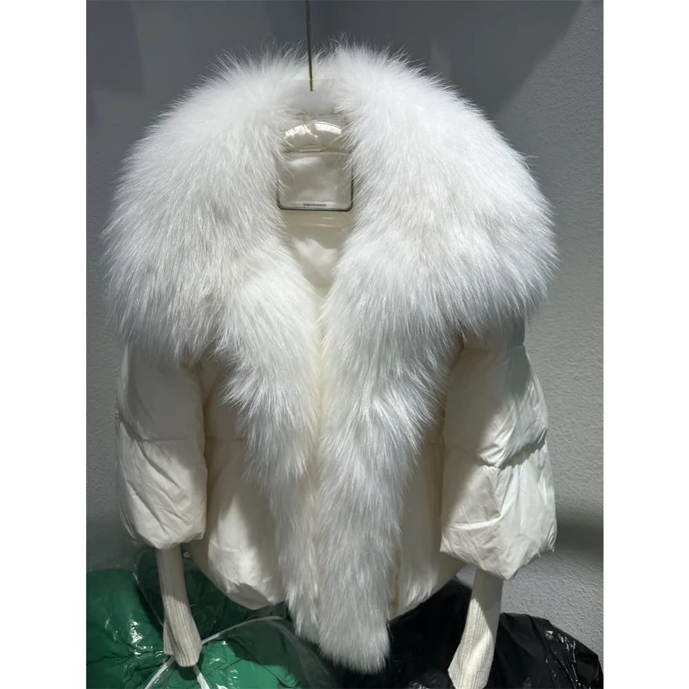 Loose Natural Real Fox Fur Collar Coat Thick New European Fashion White Duck Down Jacket Winter Women Warm Luxury Outerwear