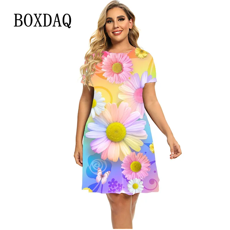 Nieuwe Gradient Plant Bloem Power Daisy 3D Print Jurken Zomer 2023 Vrouwen Hipple Korte Mouw Jurk Mode Kleding Plus Size