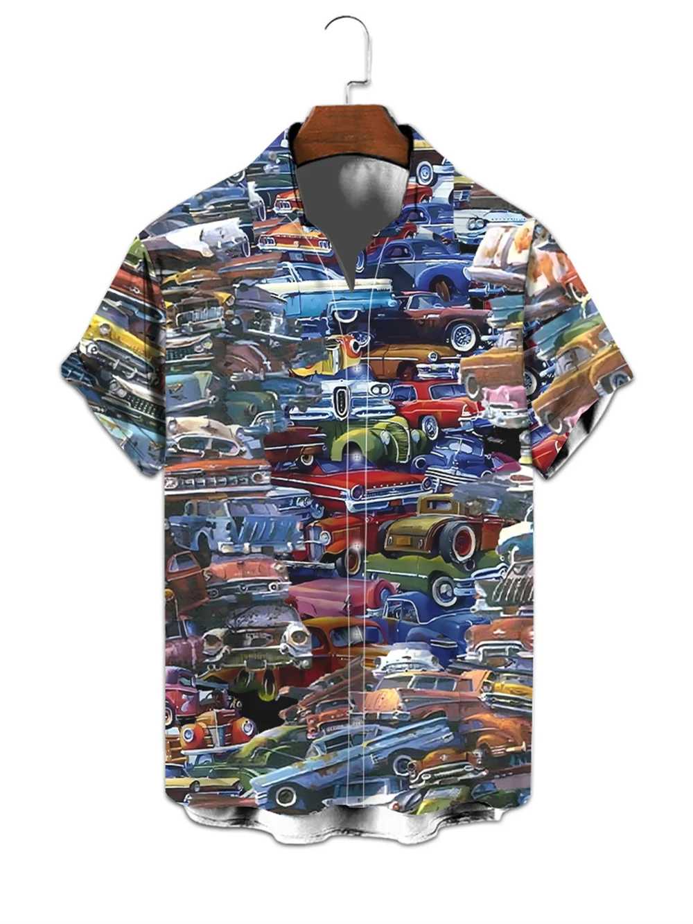 Summer men's T-shirt 3d printed cartoon car print casual fashion lapel short-sleeved shirt top