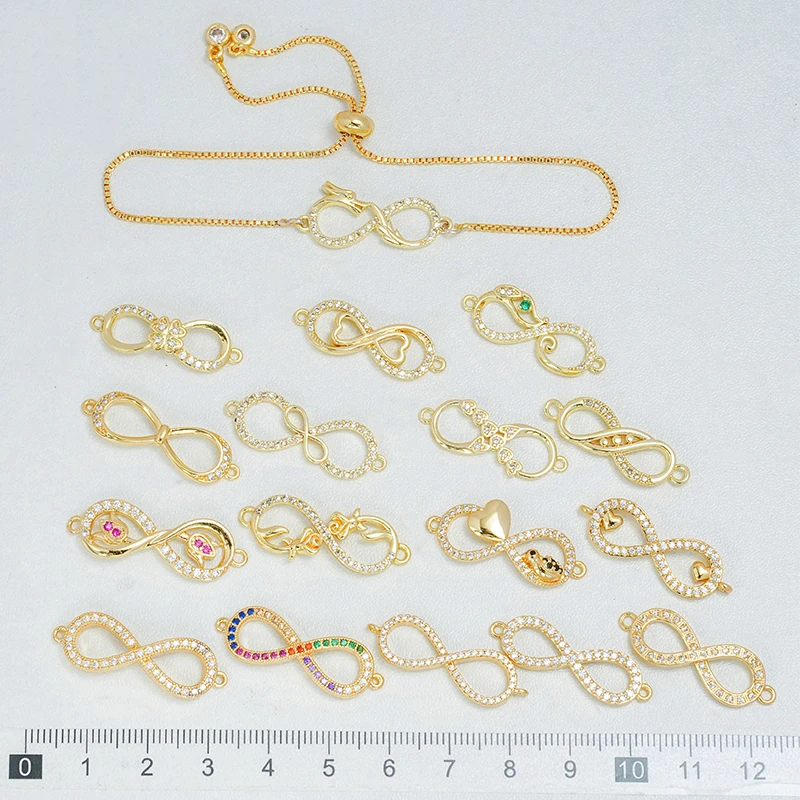

4 Pcs Brass Zircon Connector for Diy Bracelet Jewelry Making 8 Zigzag Bow Heart Dog Dragon Clover Flower Pea Element Accessories