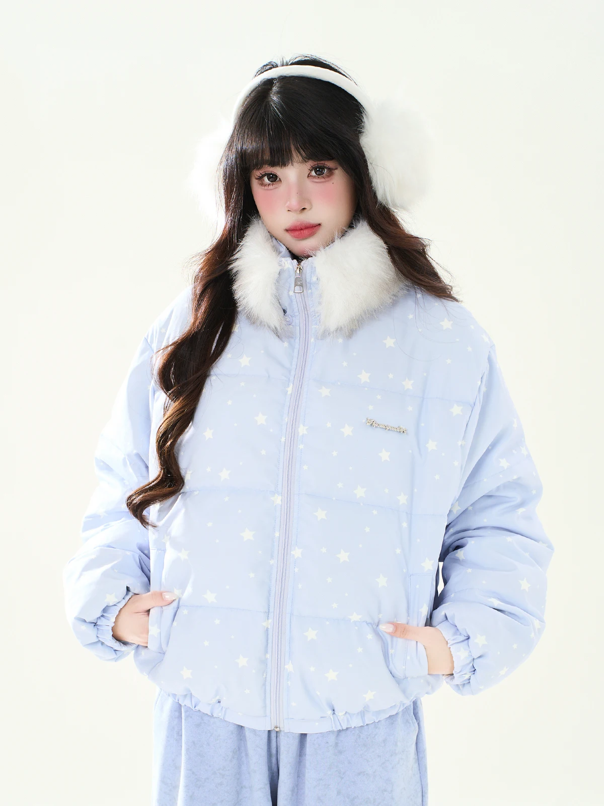 

ENJOG Winter Women's Puffer Jaet Blue Star Du down Casual All-Match Collar Coat Long Sve Warm Regular Length Zipper