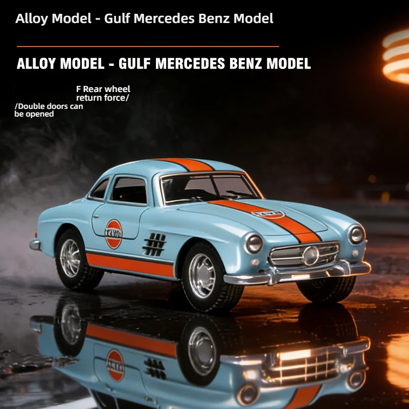 

1:36 Gulf Mercedes-Benz 300SL Alloy Car Model, Diecast Vintage Classic Car with Openable Doors & Pull Back, Collectible Gift for