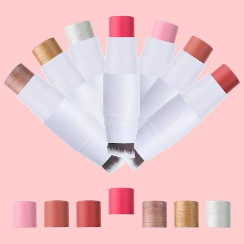 1pc Dubbele kop met Borstel Gezicht Contouren Blusher Rouge Crème Stok Blijvende Wang Stereoscopische Verhelderende Fleuren Contouren
