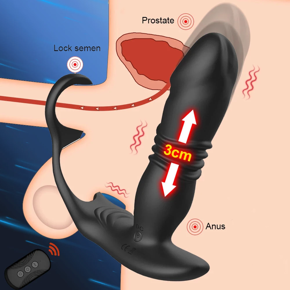 Silicone Anal Vibrator Thrusting Prostate Stimulator Massager Delay Ejaculation Lock Ring Anal Butt Plug Sex Toys Dildos for Men