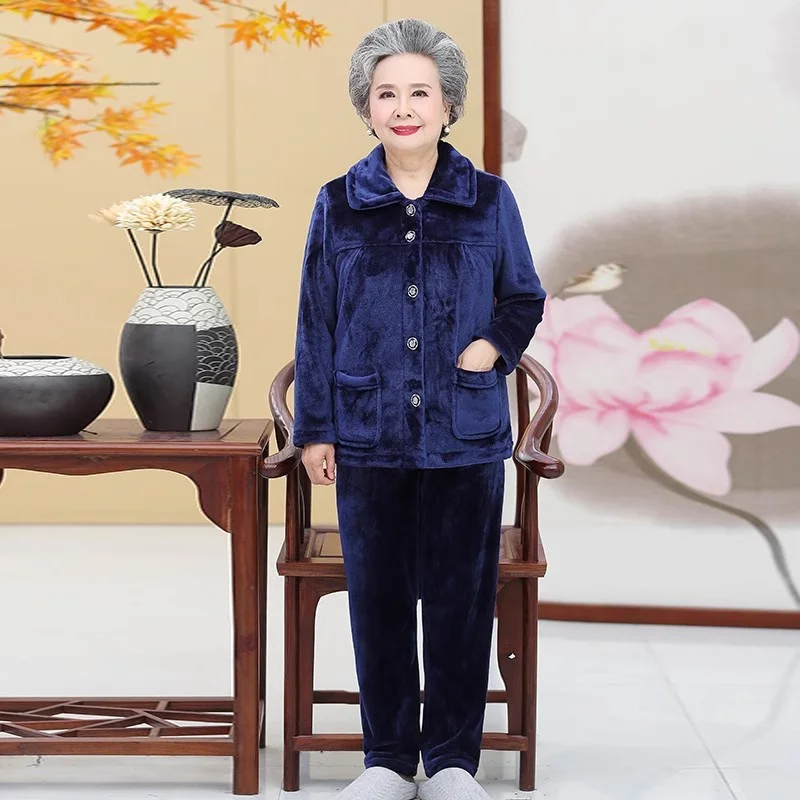 

Middle AgedElderly People's Pajamas Women's Autumn And Winter Thickening Grandmother's Clothing Flannel Mother's Clothing Set