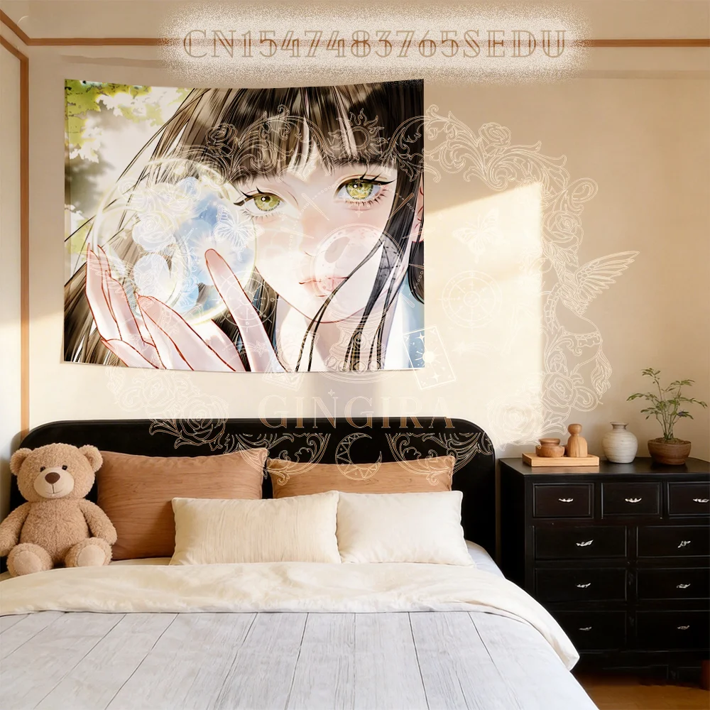 アニメ Vintage Anime Witch Girl Tapestry, Butterfly Crystal Magic Wall Art, Dark Aesthetic Room Decor for Bedroom Dorm