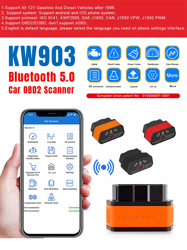 2026 KONNWEI KW903 ELM327 v1.5 Bluetooth 5.0 Auto OBD2 Scanner für Android iOS OBD 2 Auto-Codeleser Automotive ICar2 PIC18F25K80