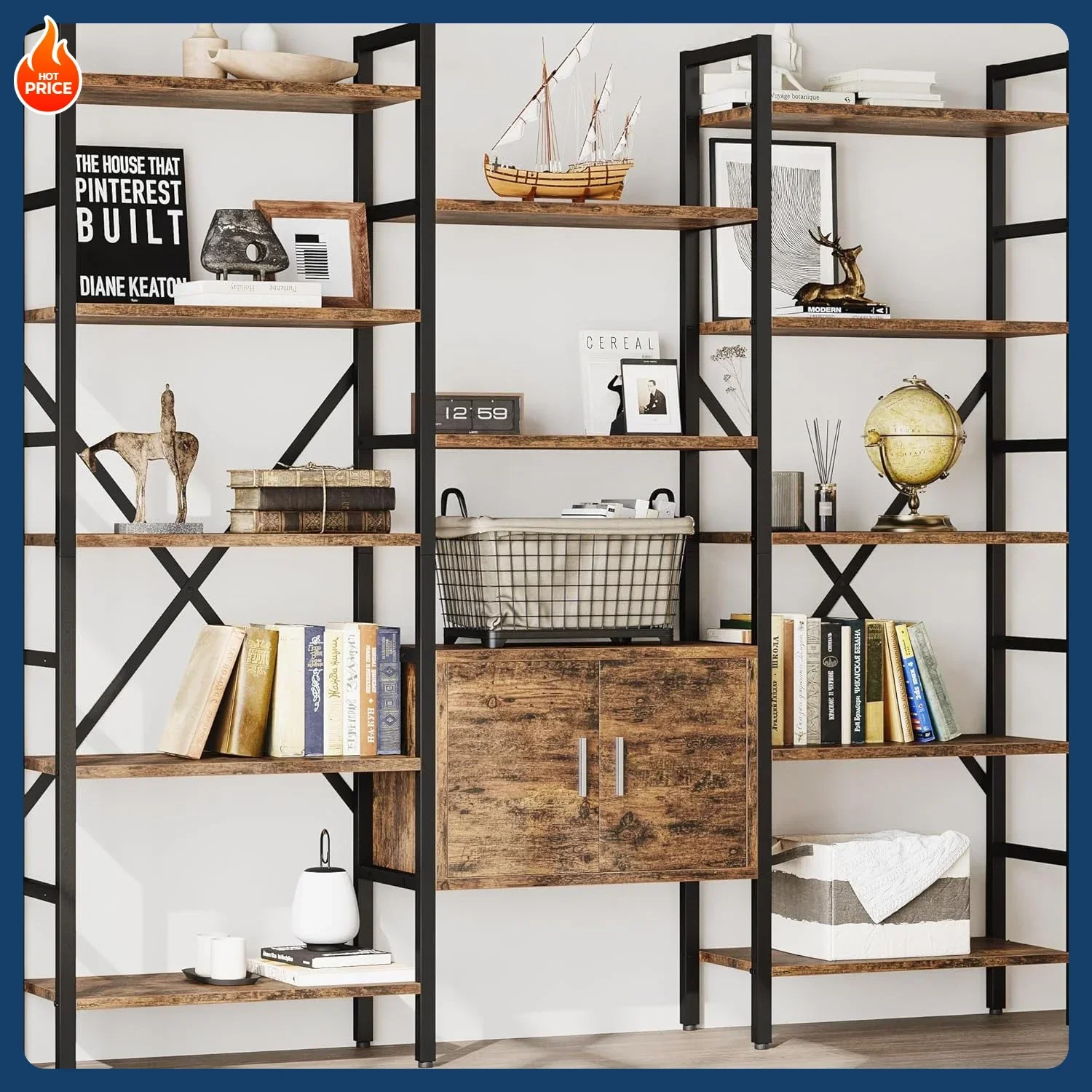 

[New Arrival!]70 x70" Triple 5 Tier Book Shelf, Industrial Large Bookcase with Storage Cabinet, Tall Bookshelf with 14 Open Disp