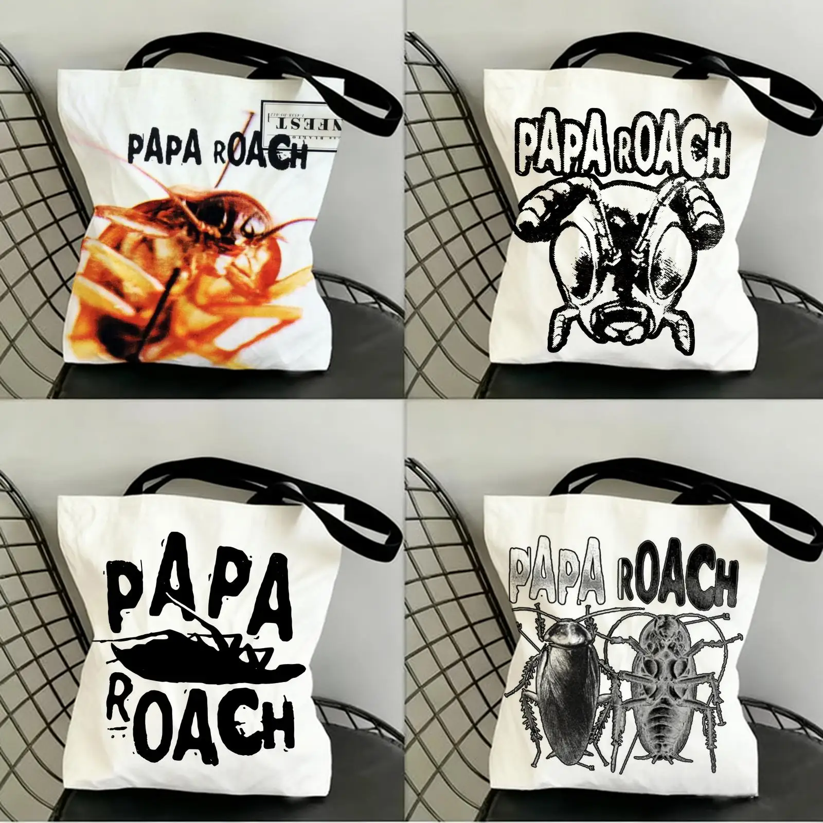 

Band P-Papa R-Roach Storage Bags Canvas Double-Sided Print Fashion Shoulder Tote Shopping Bag Gift Eco Handbags