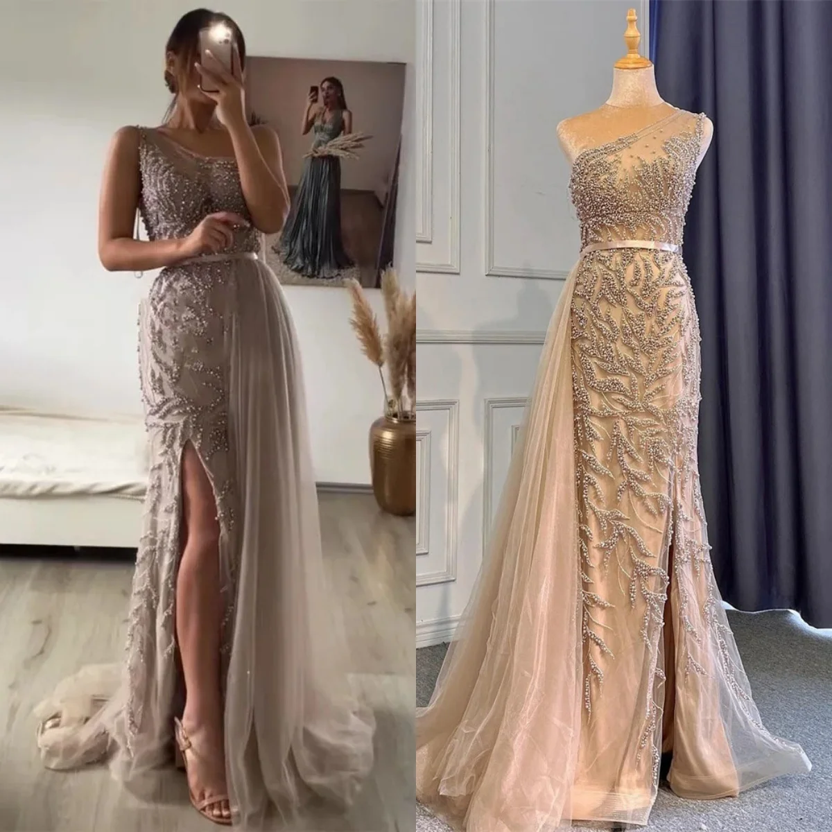 Aqua One Shoulder Beaded Prom Dress With Tulle Train, Sexy Formal Evening Dresses For Women With Side Slit, Real Shot Party Gown