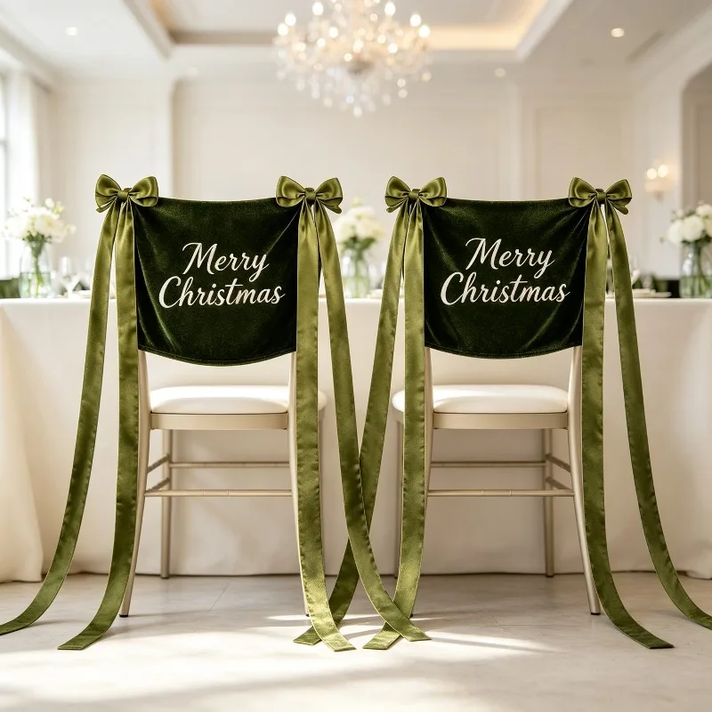 New Velvet Decorative Christmas Chair Covers Wine Red Dark Green Flannel Chair Back Ornaments For Christmas Party Gathering
