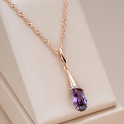 Kinel Fashion 585 Rose Gold Color Long Pendant Necklace for Women Water Drop Purple Natural Zircon Fine Daily Wear Jewelry Gift