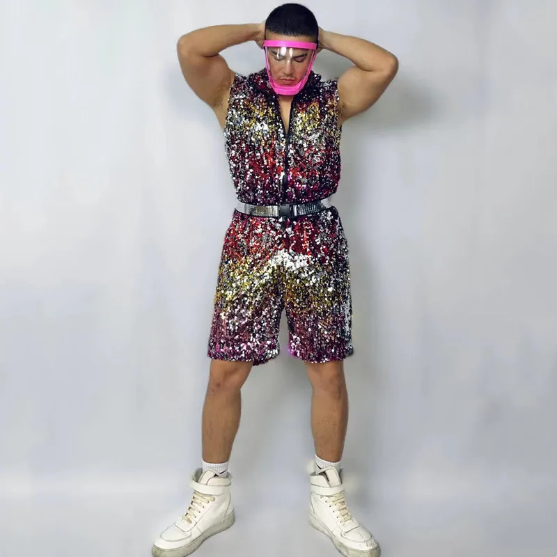 

Men Hip Hop Modern Jazz Dance Costume Colorful Sequins Jumpsuit Singer Dancer Shiny Stage Wear Nightclub Performance Clothes