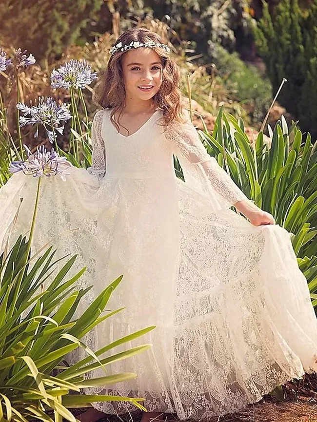 

Boho Long Sleeve Lace Beach Floor Length White Kids Party Dress