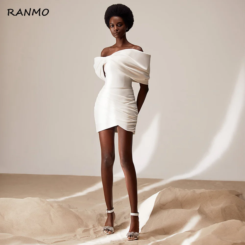 RANMO Short Wedding Dress Sheath Off the Shoulder Zipper Up Mini Wedding Gown Modern Bow Wrap Backless Above Knee Bride Dress