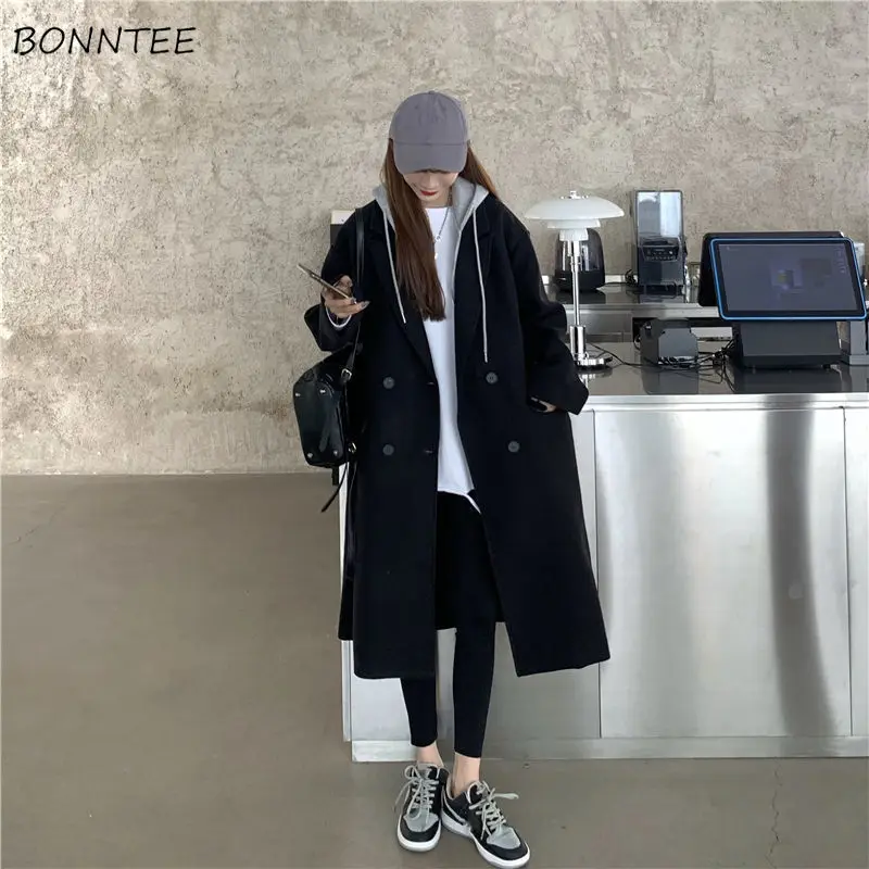 

Wool Blends Coats Women Spliced Fake Two Piece Hooded Clothes Design Korean Fashion Preppy College Girlish Elegant Ladies Casual