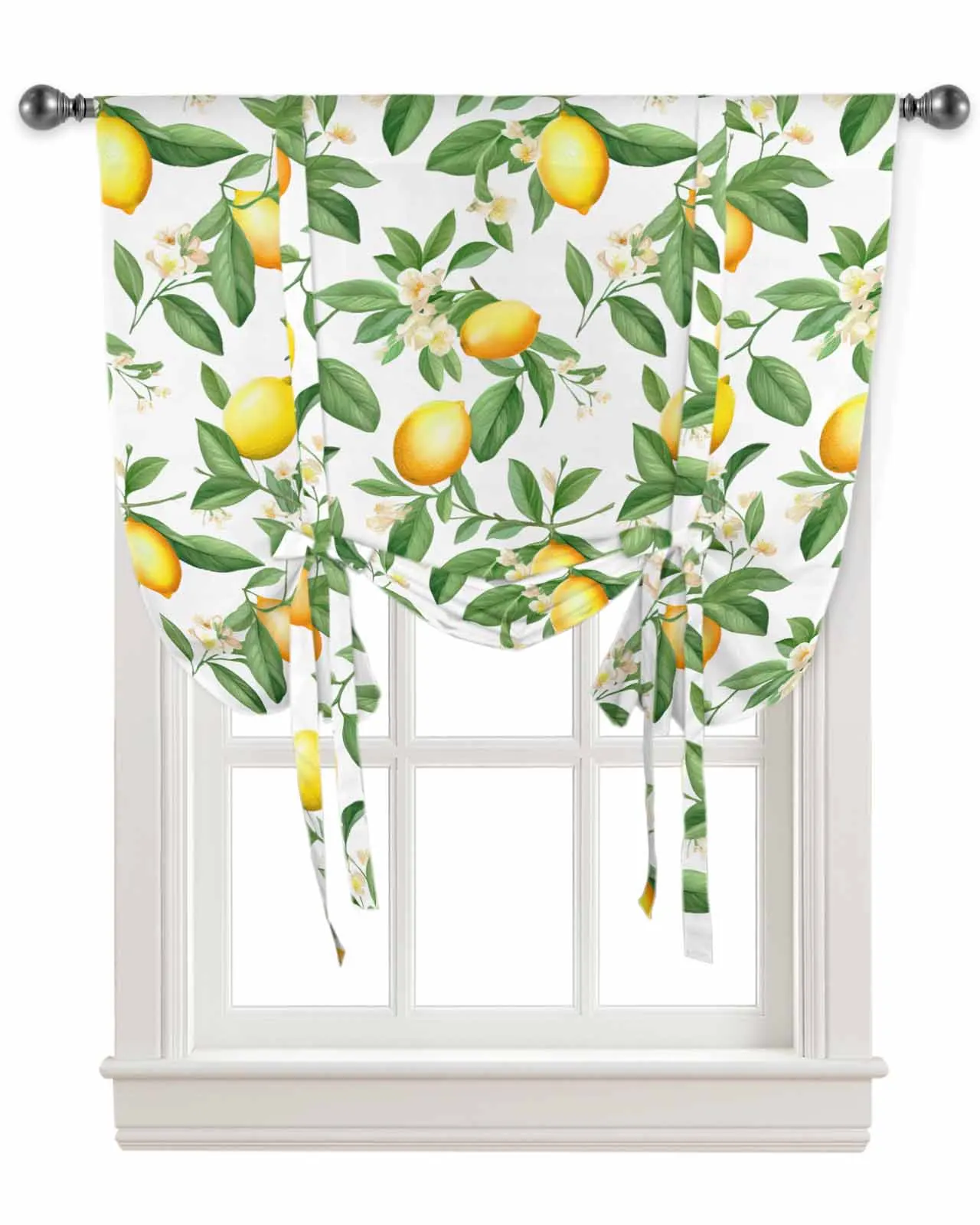 Lemon Leaves Flowers Window Curtain for Living Room Bedroom Balcony Cafe Kitchen Tie-up Roman Curtain