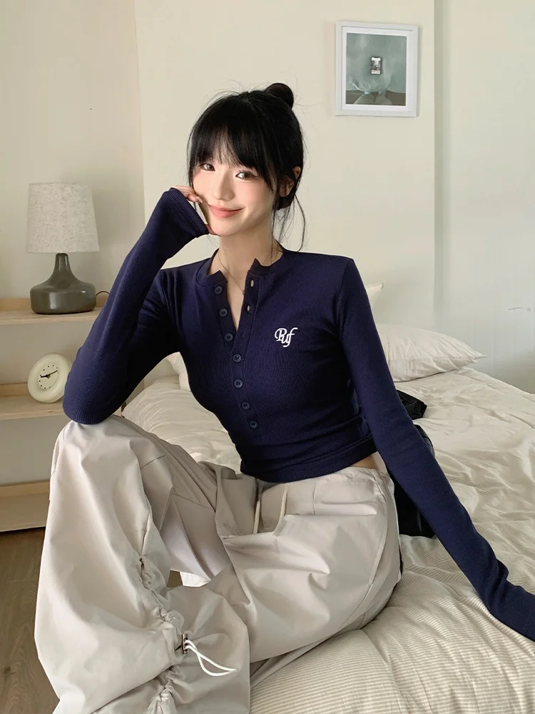 

Pufouy American Sle Long Sve Slim Fit T-irt Women's Versatile Thin Base irt Button Design Cotton Polyester Blend