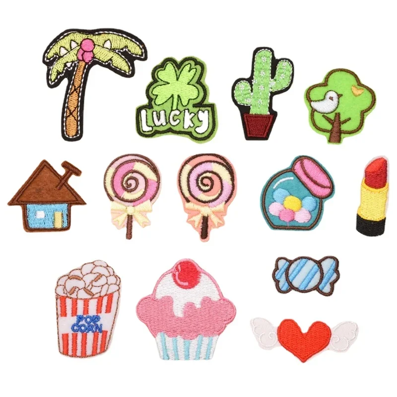 100pcs/Lot Fun Embroidery Patch Clothing Decoration Clover Cactus Bird House Candy Lipstick Ice Cream Popcorn Wing Coconut