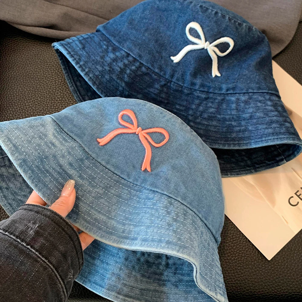 

Korean Sweet Bow Embroidered Denim Bucket Hats Women Summer Travel Sun Protection Cowboy Hat Windproof Sunscreen Fishermans Caps