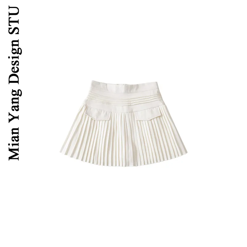 High Waist Pleated  Skirt Fake ket Anti Exposure a Line Skirt Retro Commute Pure Color Spring  Women's Faion