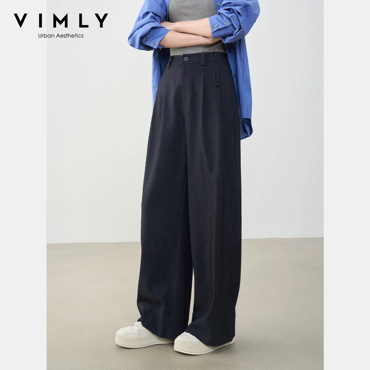 VIMLY Woman Blue Trousers Office Wear Autumn 2025 New Baggy Button Female Pants Casual  Pockets Long Pants Ropa De Mujer A0117