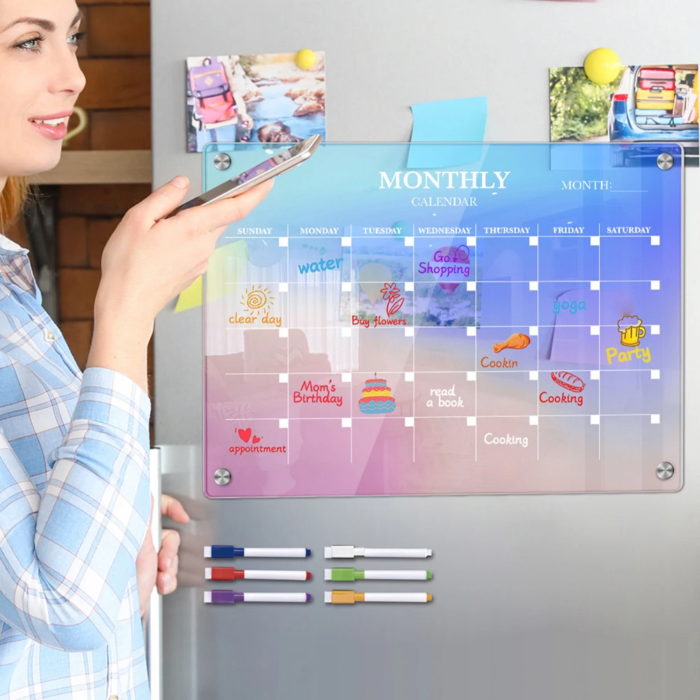 

1 set Dry Erase Board Colored Magnetic Planner for Fridge Acrylic Monthly Calendar Meal Planning Note Whiteboard
