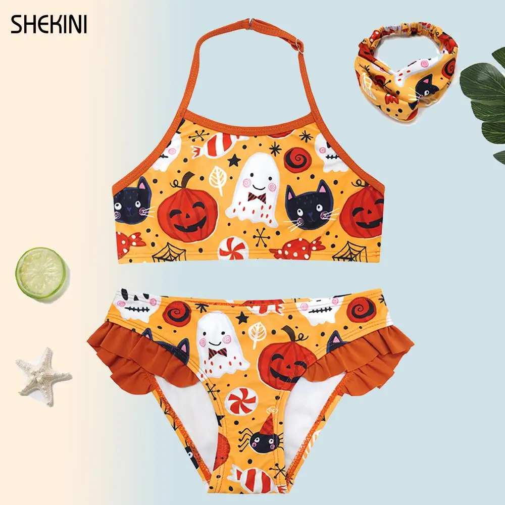 SHEKINI Girls Halloween Printing Bathing Suits Ruffle Sport 2-Piece Swimsuits Kid Bikini Beachwear Swimwear