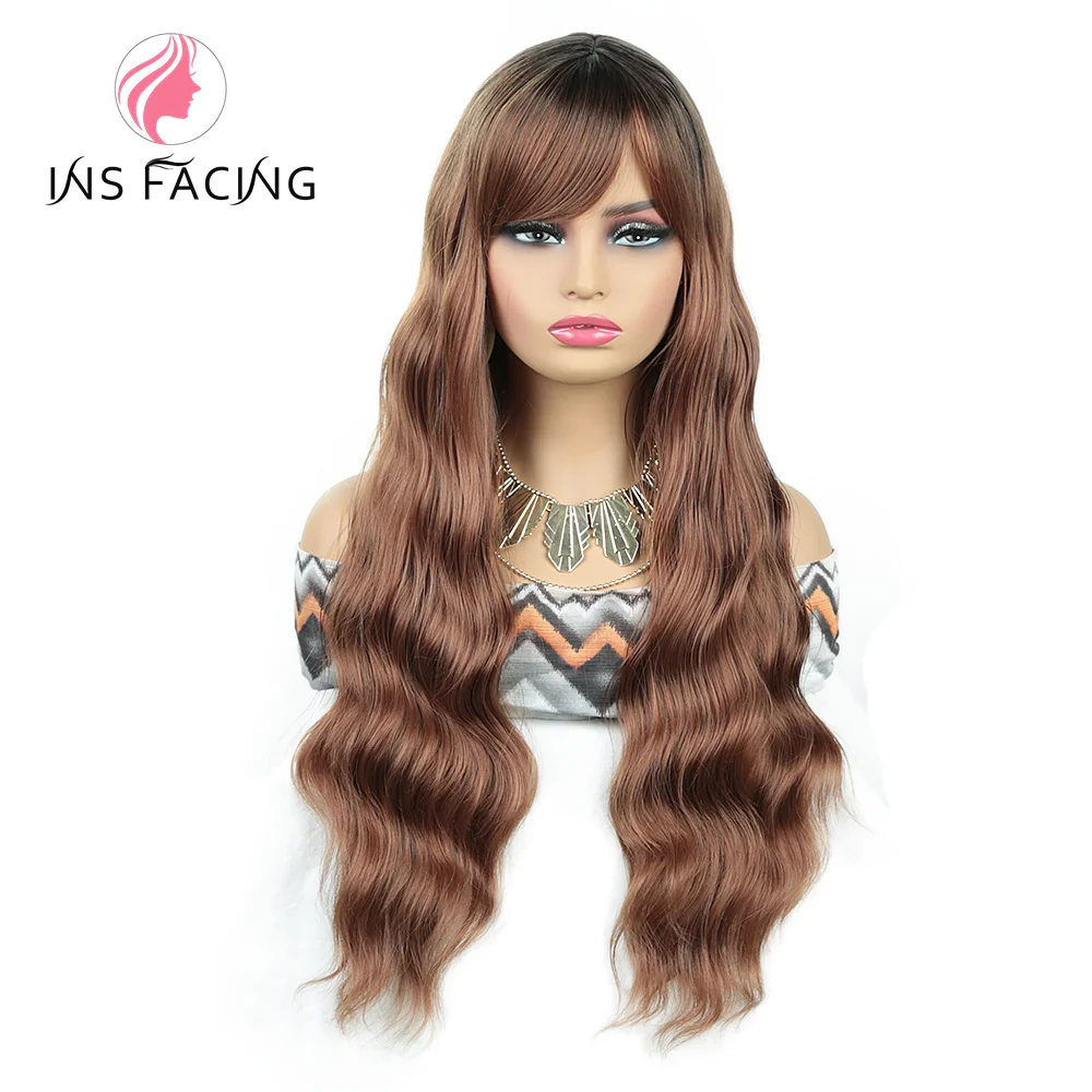 synthetic hair 28inch Body Wave with Bangs Full Machine Made Scalp Top Wig 150% Density Hair Fringe Bangs Wig