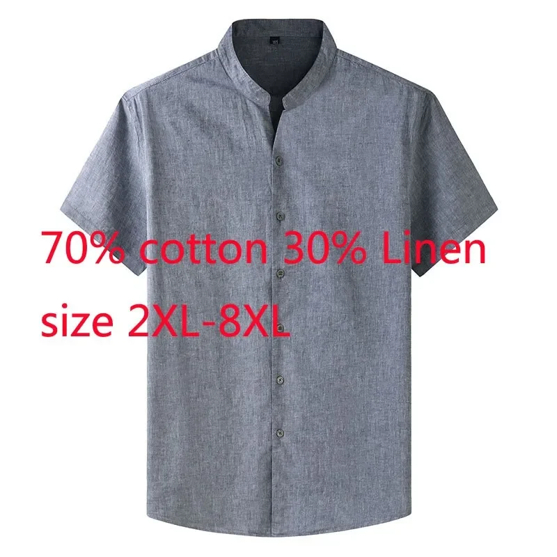 New Arrival Super Large Summer Men Fashion Casual Stand Collar Cotton Linen Short Sleeve Shirt Plus Size 2XL-4XL 5XL 6XL 7XL 8XL