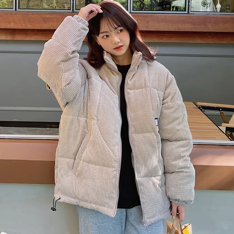 2022 winter new corduroy parka women's Korean style loose cotton coat women's plus size elegant stand collar Harajuku jacketcoat