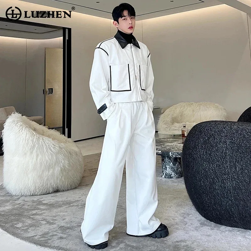 LUZHEN Korean Trendy Big Pockets Short Jacket Straight Loose Casual Pants Men\'s Two-piece Sets PU Leather Spliced Design LZ5244