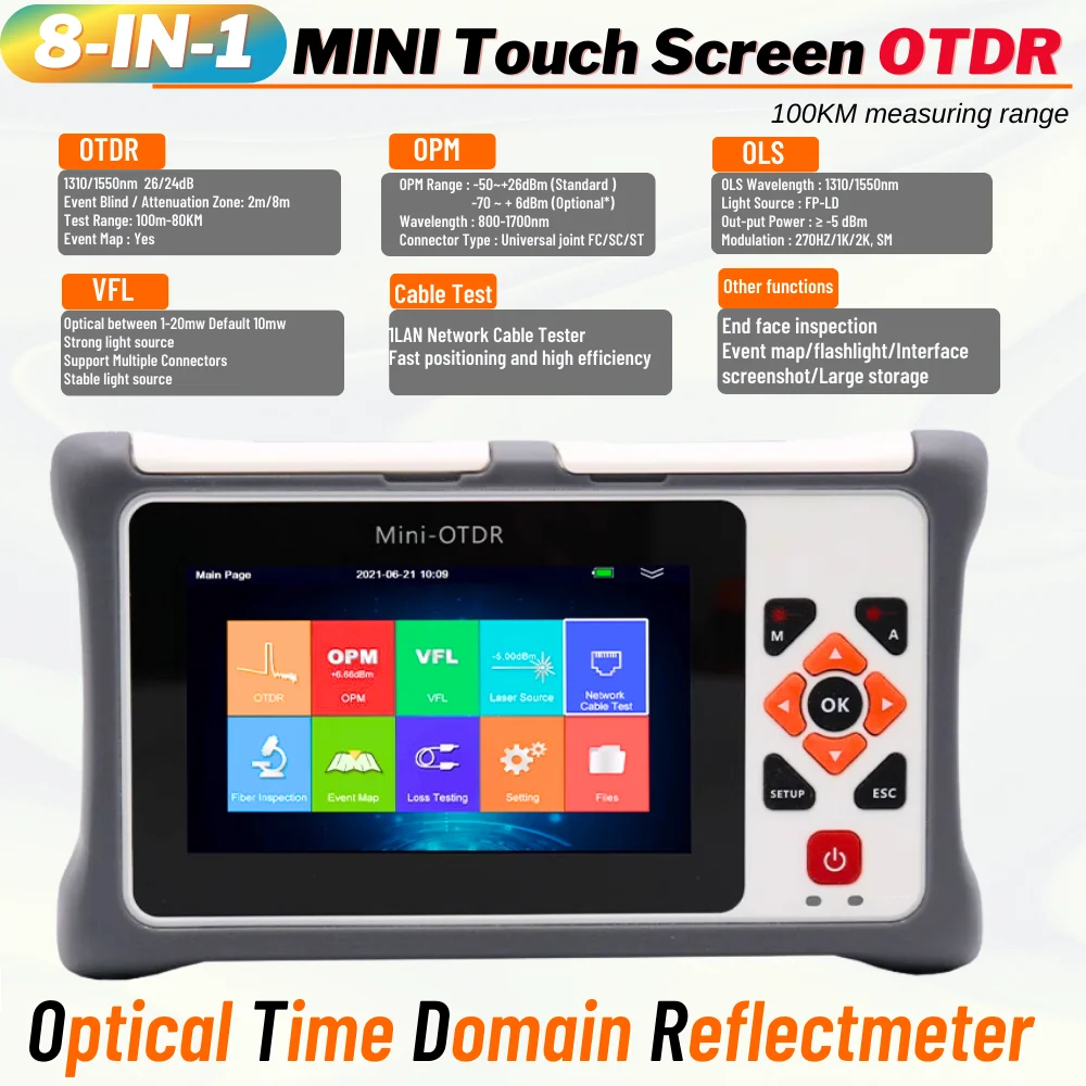 

100KM Pro mini OTDR Reflectometer for GPON EPON Live In-service Testing Touch Screen Fiber Optic OTDR VFL OLS OPM Event Map