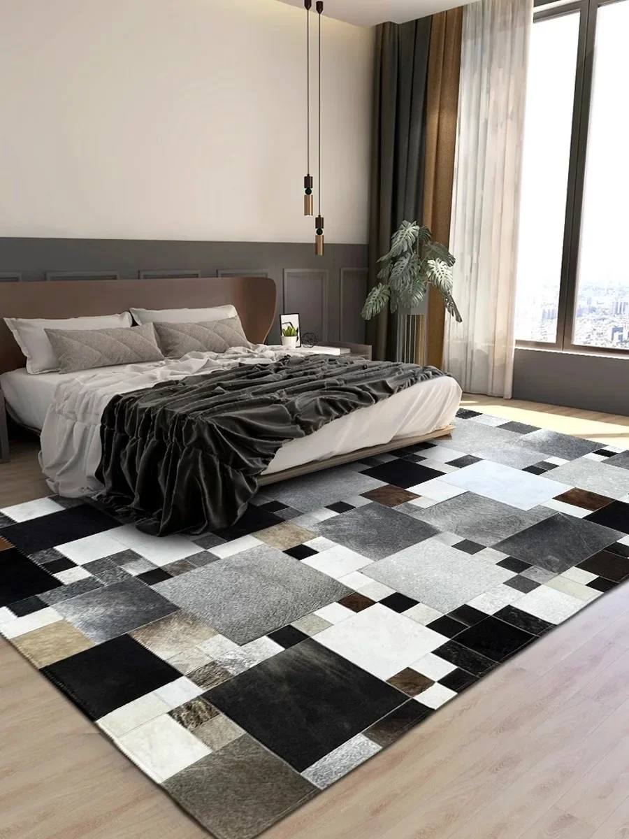 

Luxury Geometry Cowhide Carpets for Living Room Patchwork Real Cowhide Plaid Room Decor Carpet Bedroom Lounge Sofa Area Rug Soft