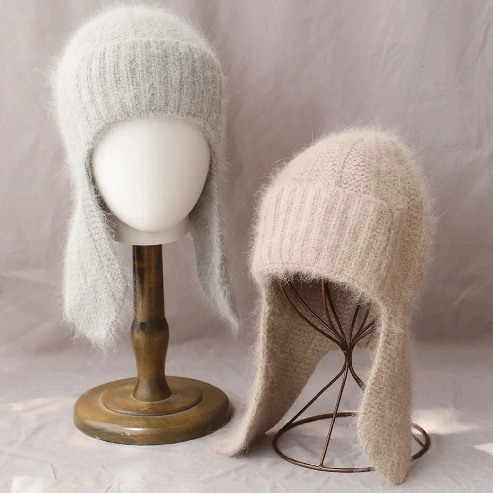 Soft Waxy Rabbit Fur Ear Protection Hat Solid Color All-match Wool Hat Cold-proof Warm Cotton Cap Flying Rabbit Fur Cap