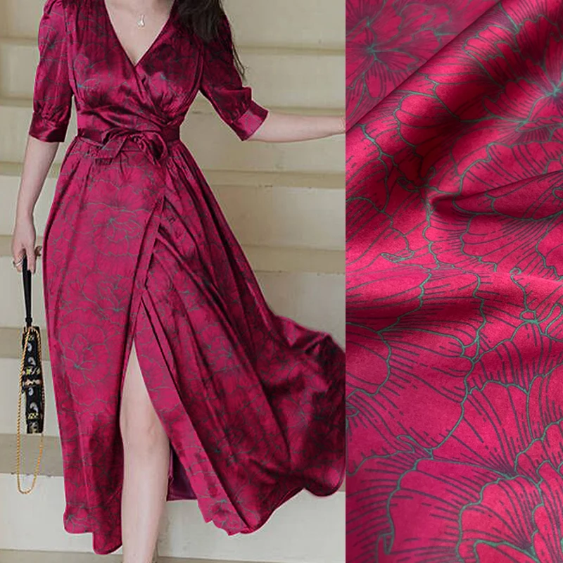 120CM Wide Gambiered Gauze Silk Fabric with Floral on Rose Red Printed Design for Soft Cheongsam Horse Face Skrit Dress E1587