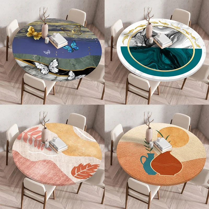 

60/90/120Cm Round Table Cover Waterproof Oil-Proof Tablecloth Elastic Kitchen Dining Wedding Party Table Cover Home Decoration