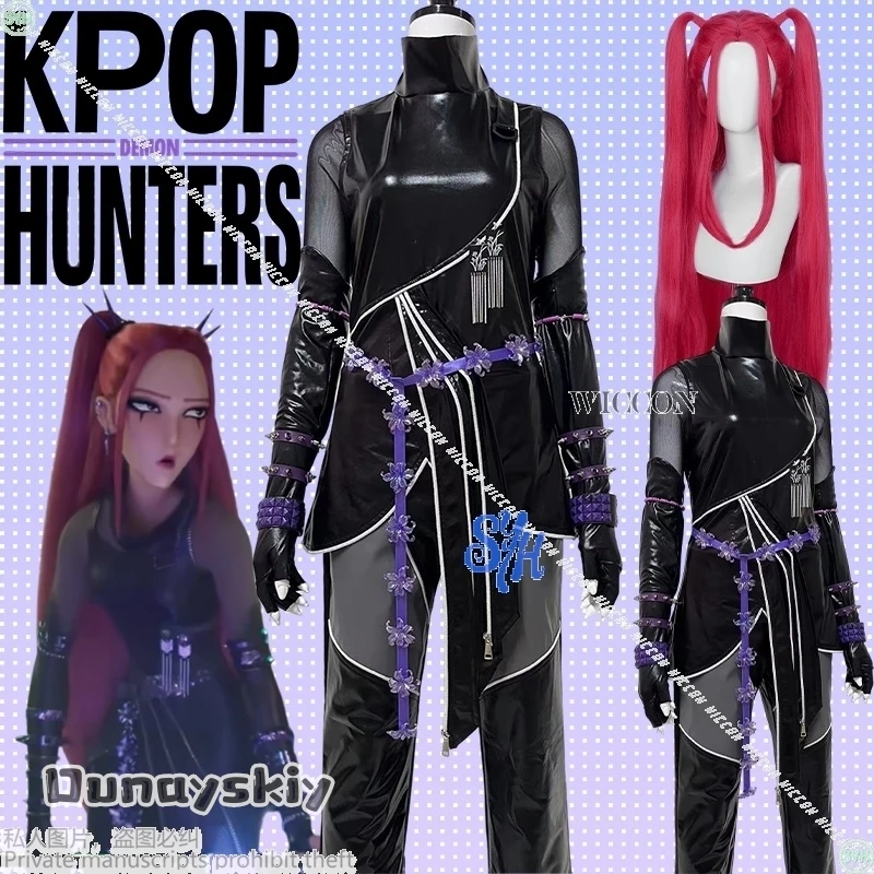 

{Amanda Cos} Аниме Kpop Demon Новый костюм Huntrix Mira Косплей Сексуальный ниндзя Черный Фиолетовый Комбинезон из искусственной кожи Белье Гот Хэллоуин