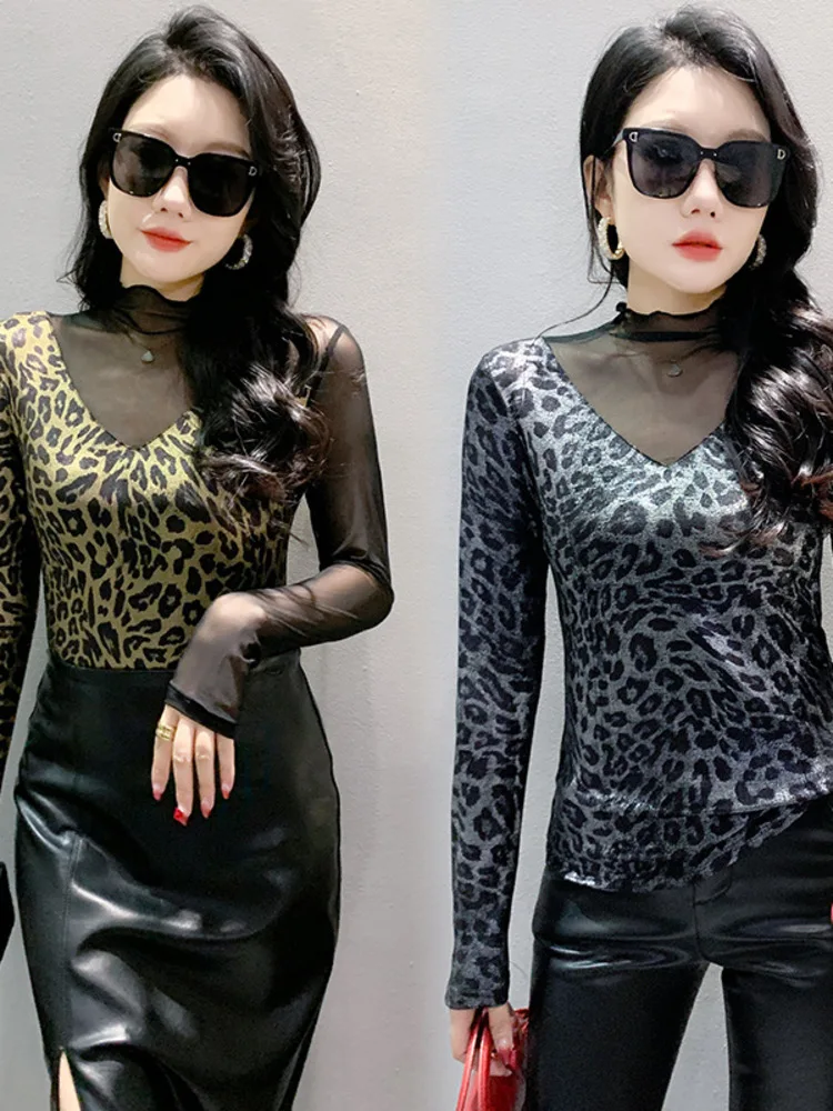 2025 Autumn New Half High Collar Long Sleeve Hollow Mesh Splicing Hot Gold Leopard Pattern T-Shirt For Women's Slimming Bottom