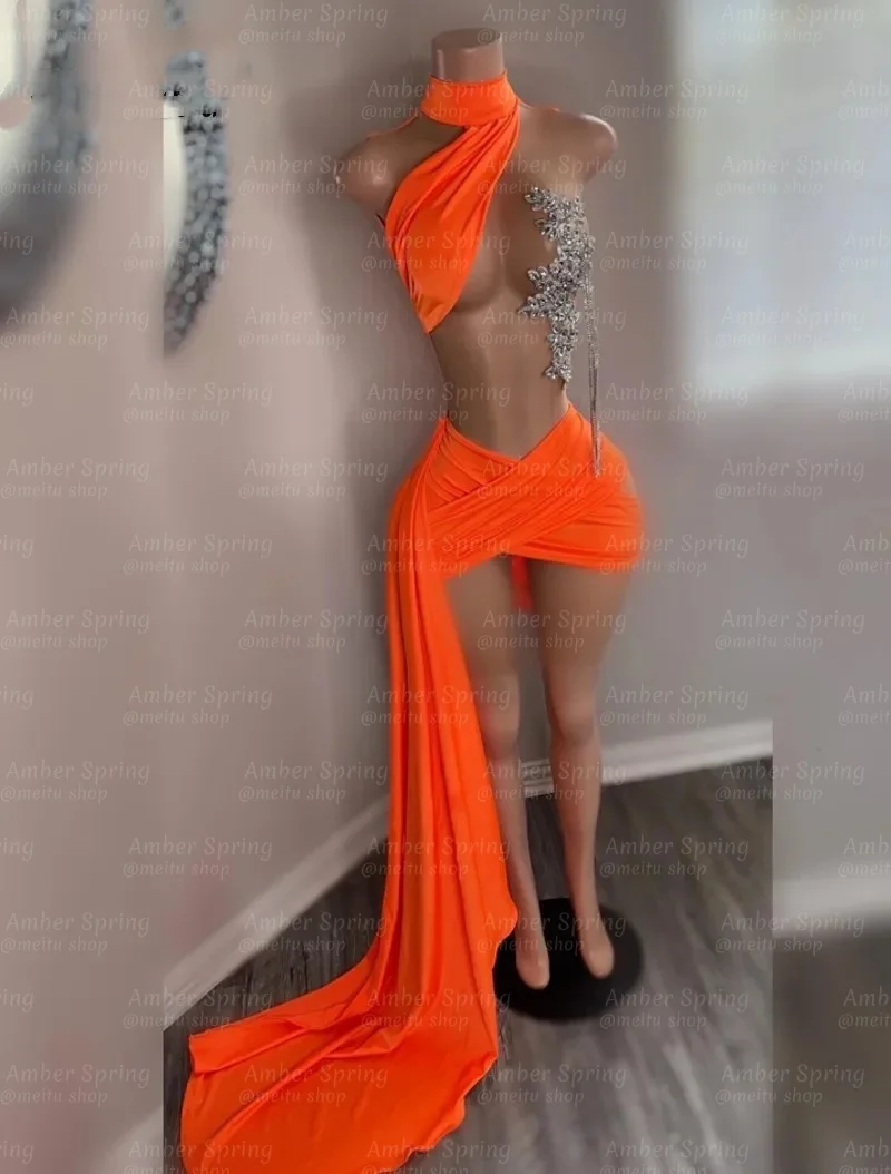 

Sexy Orange Birthday Dresses Ilusion Rhinstone See Through Short Prom Cocktail Gowns Fitted Party Dress Vestidos DeCustomized