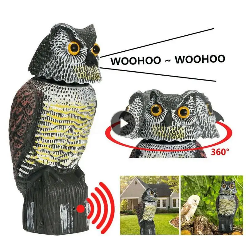 Fake Owl Decoy Scare Birds Plastic Owl Scarecrow Sculpture With Rotating Head And Sound For Garden Yard Bird Repellent Outdoor